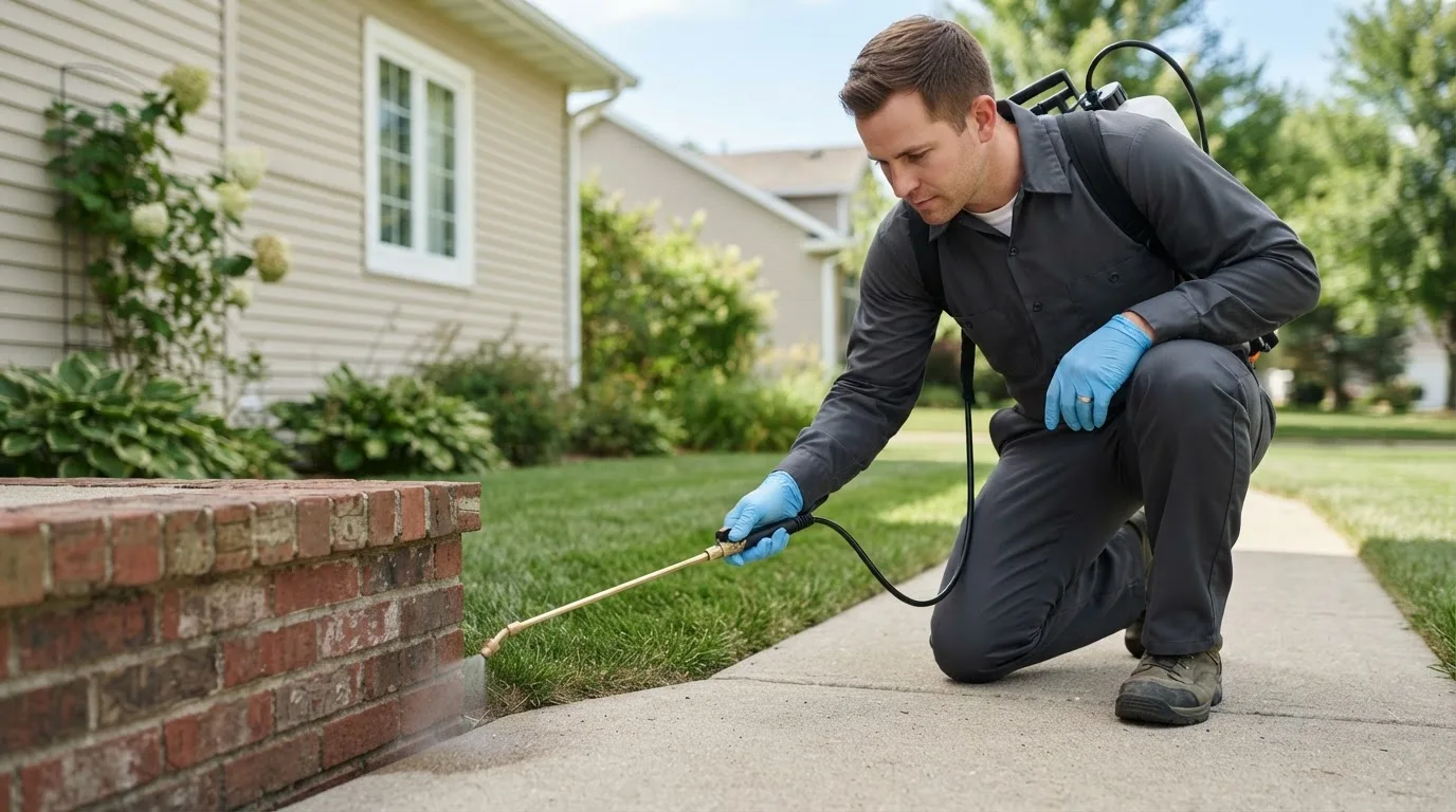 Pest control technician treating a home near Burt, IA